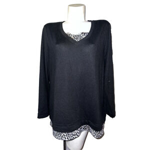 Weekends Chicos Sweater XL (3) Black Lagenlook W/Animal Print Hem LS Knit Top